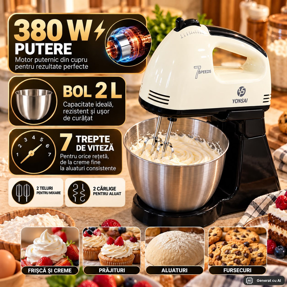 Mixer electric  cu bol inox 2L 380W, 7 viteze, mixer detașabil