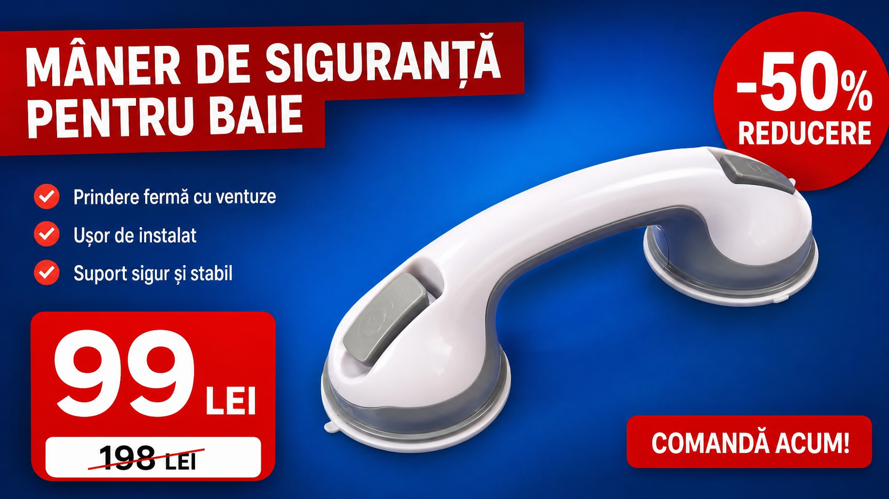 Mâner de Sprijin cu Ventuze pentru Baie Fixare Rapidă și Siguranță Sporită