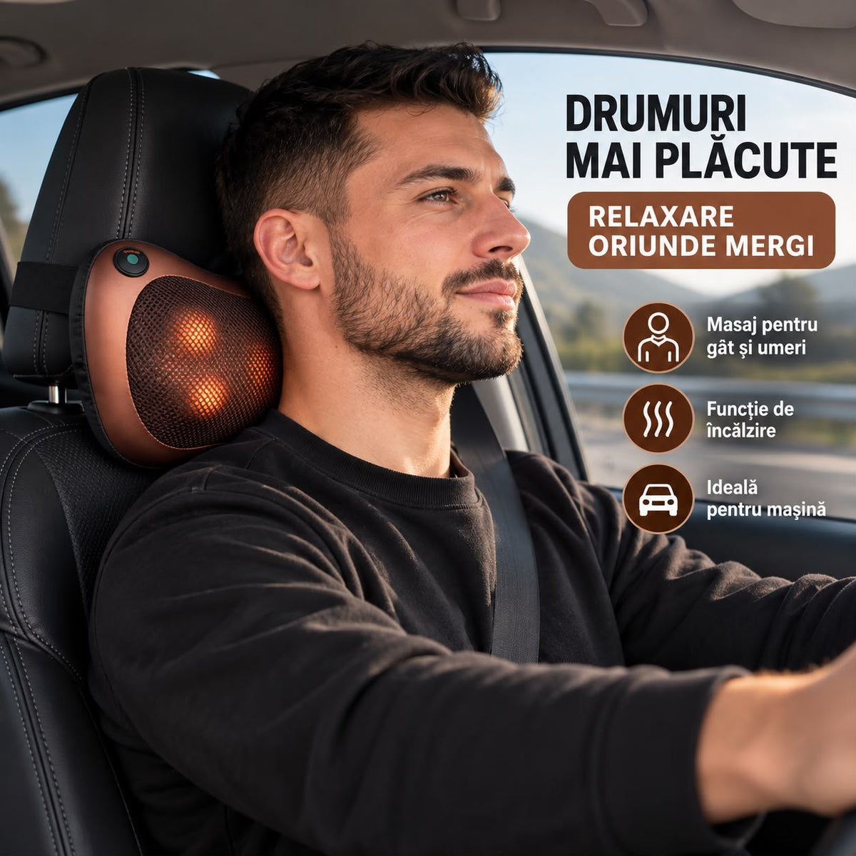 Pernă Electrică de Masaj pentru Gât, Spate și Umeri, Funcție de Încălzire, Masaj Shiatsu, Utilizare Acasă, Birou și Mașină, Adaptor Auto Inclus