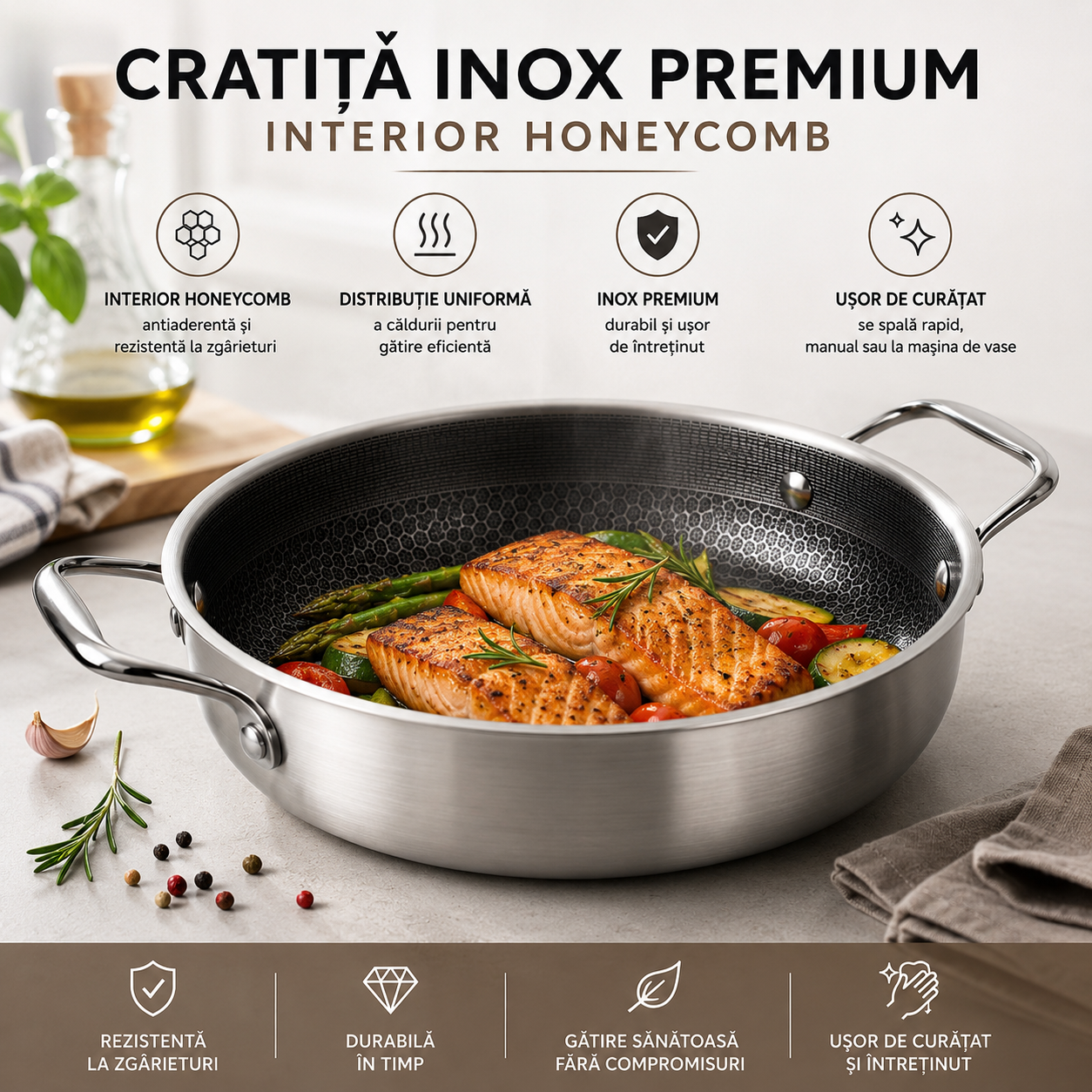 Cratiță Inox Premium Honeycomb, Interior Antiaderent Tip Fagure, Rezistentă la Zgârieturi, Compatibilă cu Toate Sursele de Gătit
