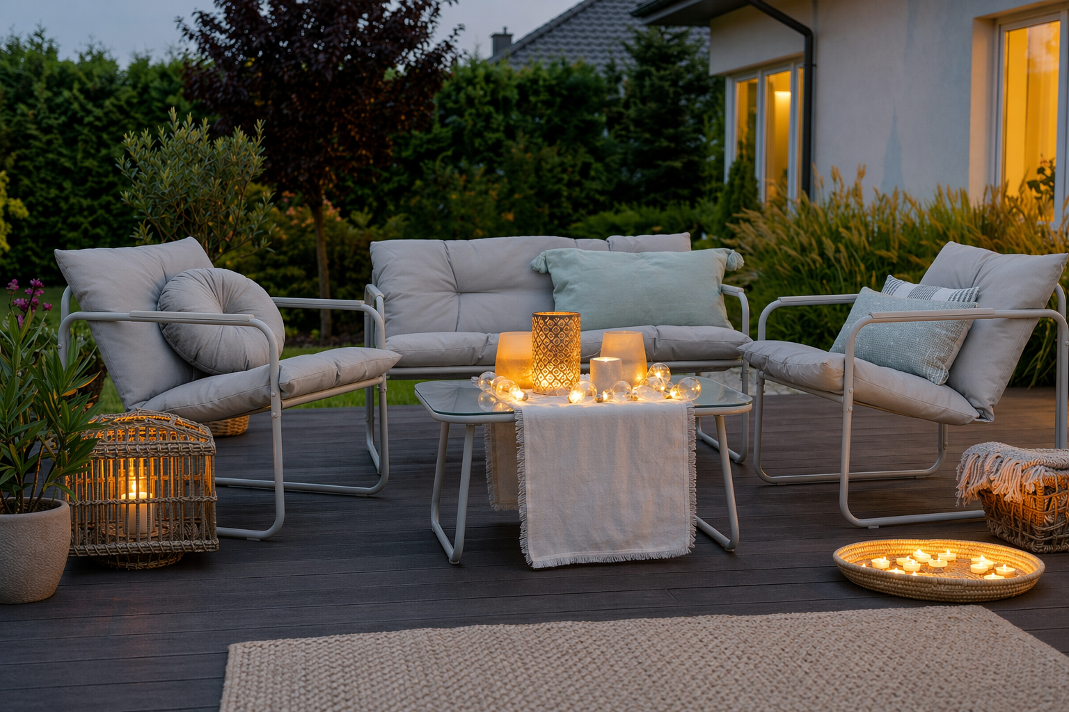 Set mobilier grădină 4 piese – canapea 2 locuri, 2 fotolii și masă cu sticlă securizată GRI DESCHIS