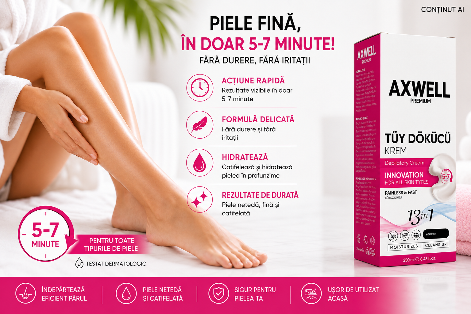 AXWELL Premium 13 în 1 – Cremă Depilatoare 250 ml, Acțiune Rapidă 5-7 Minute, cu Aloe Vera, Vitamina E & Pantenol