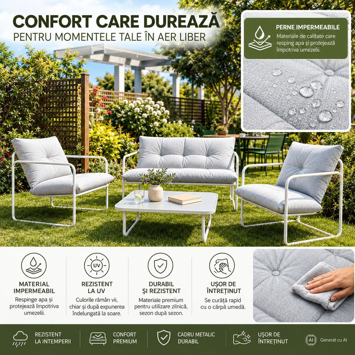 Set mobilier grădină 4 piese – canapea 2 locuri, 2 fotolii și masă cu sticlă securizată GRI DESCHIS
