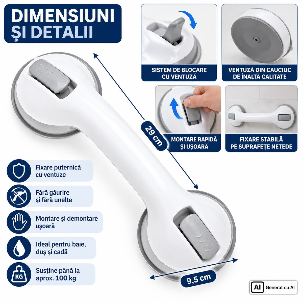 Doua Mânere de Sprijin cu Ventuze pentru Baie Fixare Rapidă și Siguranță Sporită