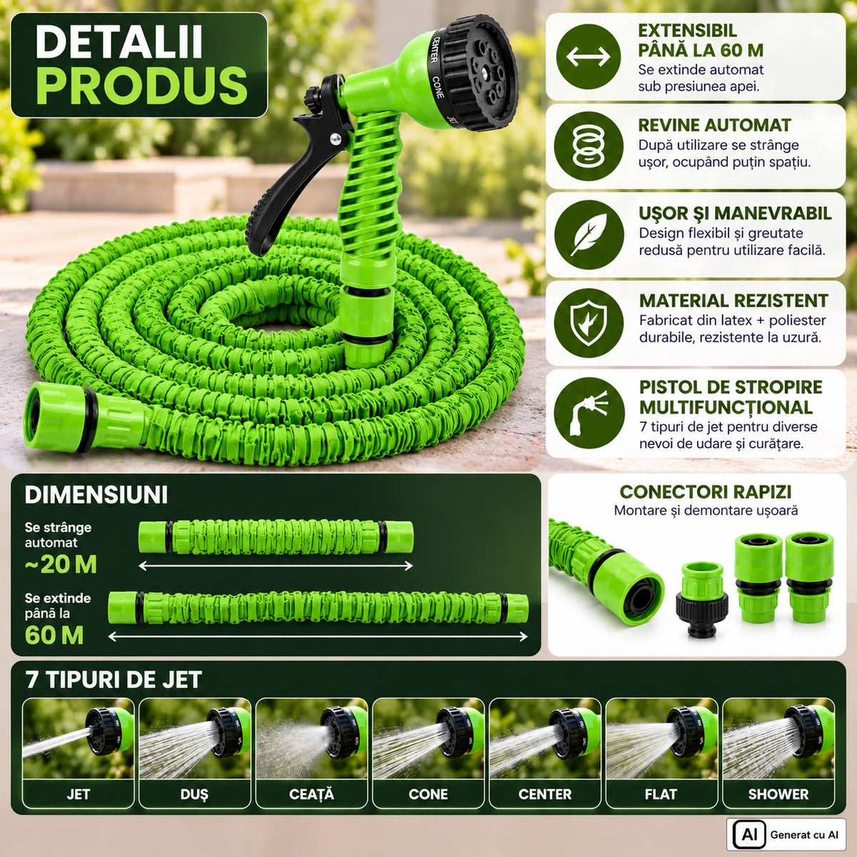 Furtun Extensibil de Grădină 60 Metri cu Pistol de Stropire Multifuncțional