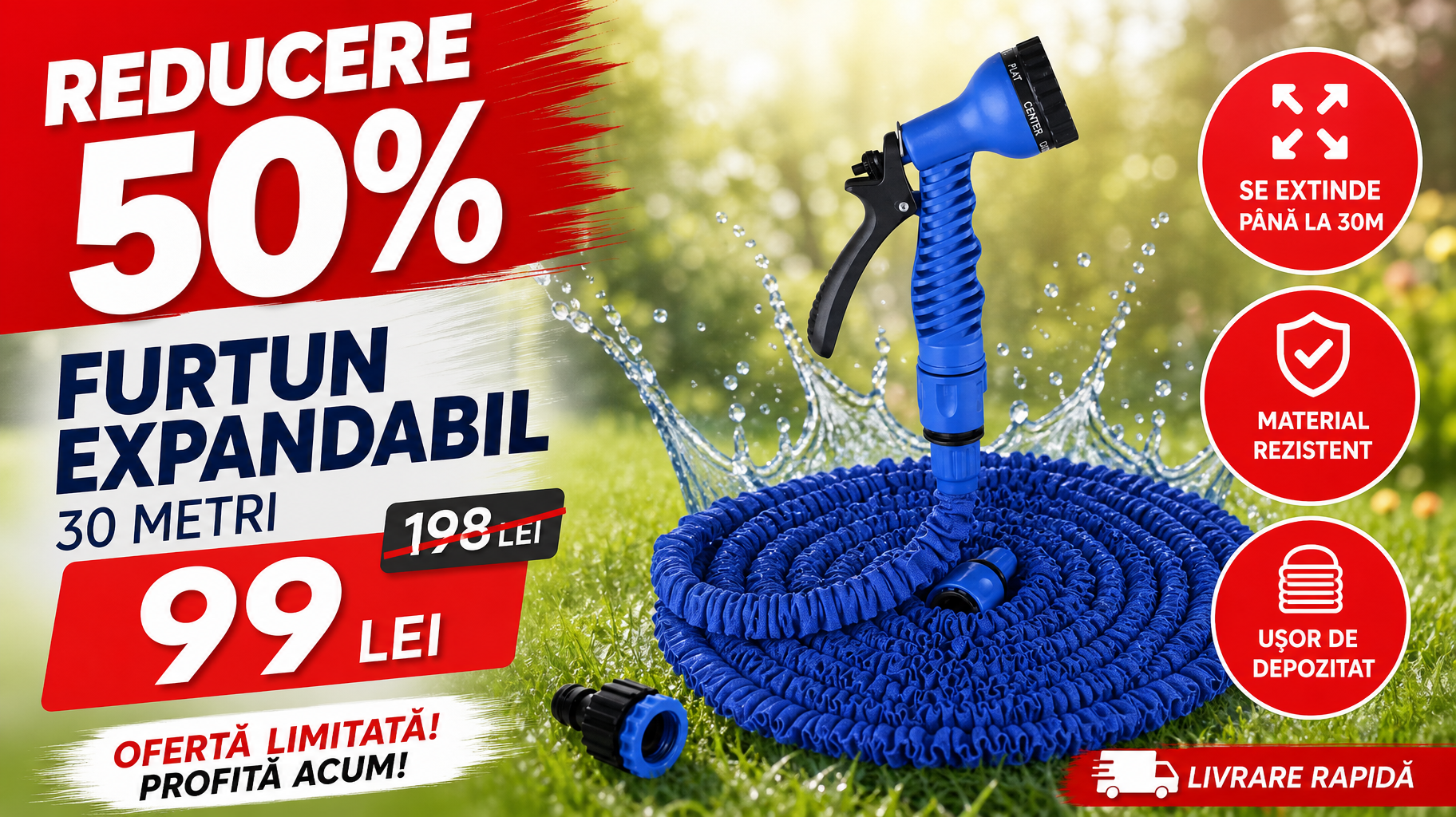 Furtun Extensibil de Grădină 30 Metri cu Pistol de Stropire Multifuncțional