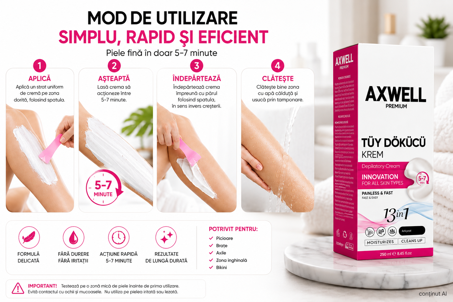 AXWELL Premium 13 în 1 – Cremă Depilatoare 250 ml, Acțiune Rapidă 5-7 Minute, cu Aloe Vera, Vitamina E & Pantenol