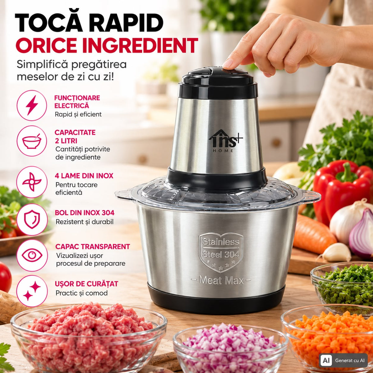 Tocător Electric TNS Home Meat Max, Bol Inox 304, 2 L, Putere Mare, 4 Lame din Inox