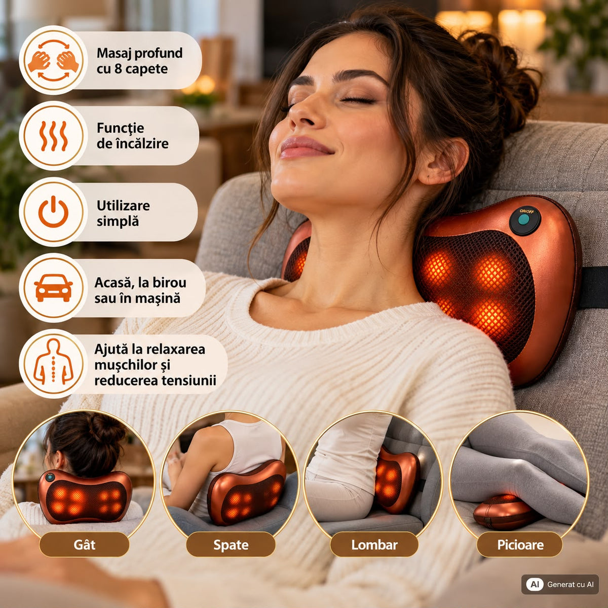 Pernă Electrică de Masaj Shiatsu pentru Gât, Spate și Umeri, cu Încălzire, Adaptor Auto Inclus + Set de Unghiere Cadou