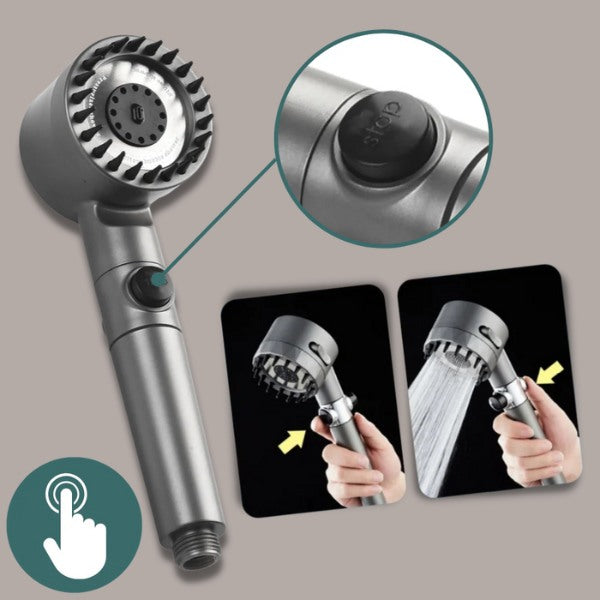 Set Cap de Duș cu Masaj pentru Scalp, 3 Moduri de Pulverizare, Buton STOP + Bandă SPA din Silicon și 3 Filtre Incluse