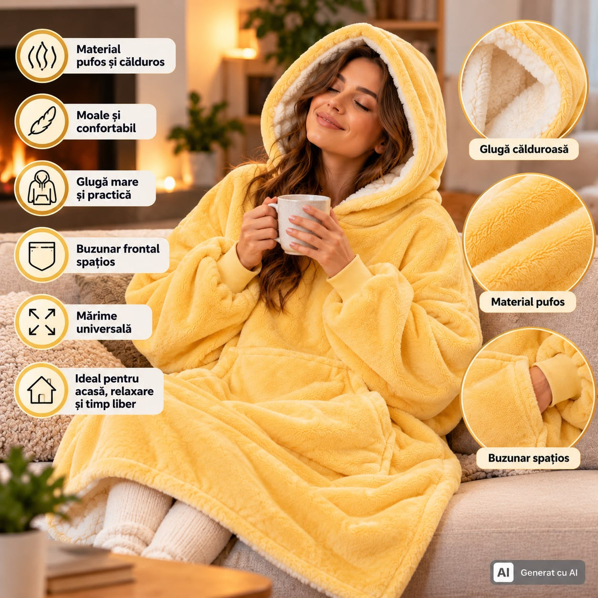 Hanorac Pătură Oversize cu Glugă și Buzunar  Material Pufos, Model Inimi, Bej