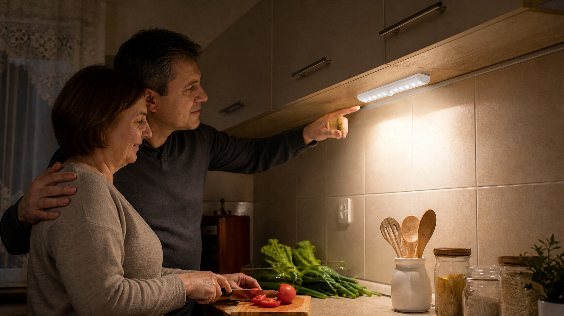 Lampă LED cu Senzor de Mișcare, 10 LED-uri, Bandă Magnetică, Alimentare 4x AAA, Montaj Fără Găurire, pentru Bucătărie, Dulap, Scară, Hol  19 cm