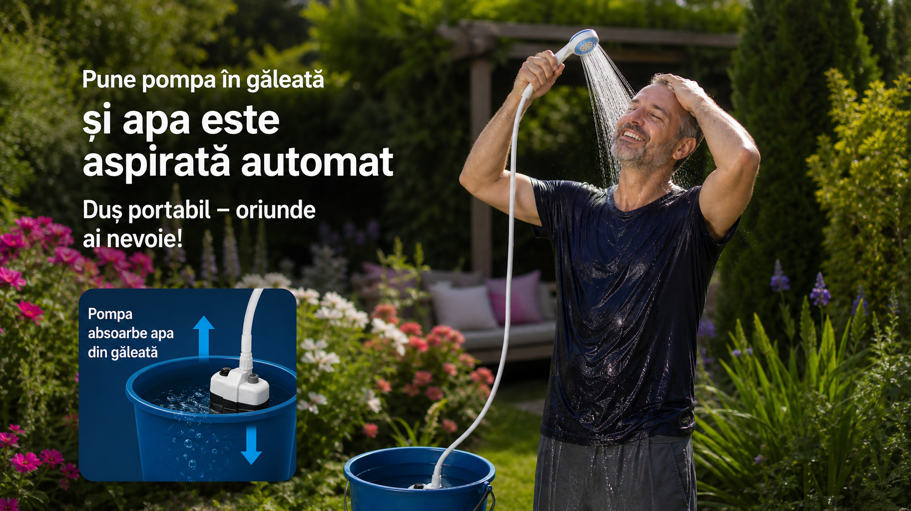 Duș Portabil Reîncărcabil pentru Camping și Outdoor – Pompă Electrică USB, Furtun Flexibil și Cap de Duș cu Debit Puternic
