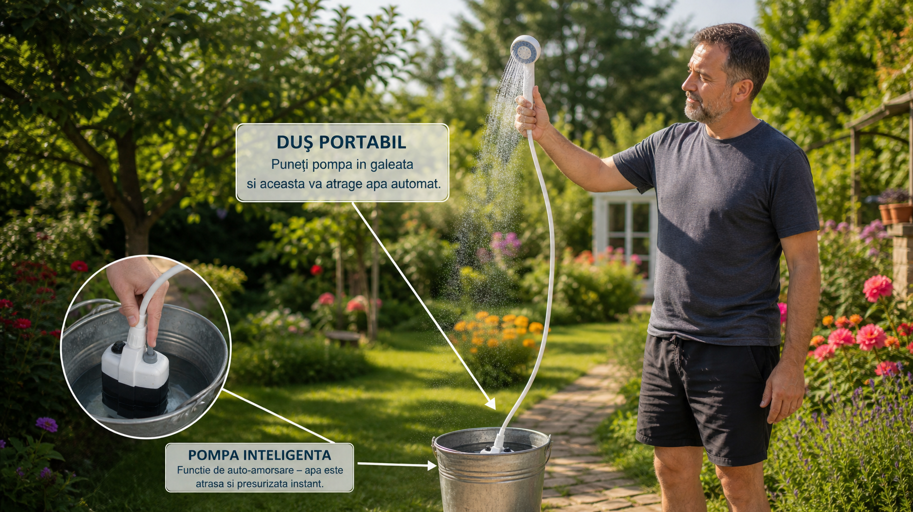 Duș Portabil Reîncărcabil pentru Camping și Outdoor – Pompă Electrică USB, Furtun Flexibil și Cap de Duș cu Debit Puternic