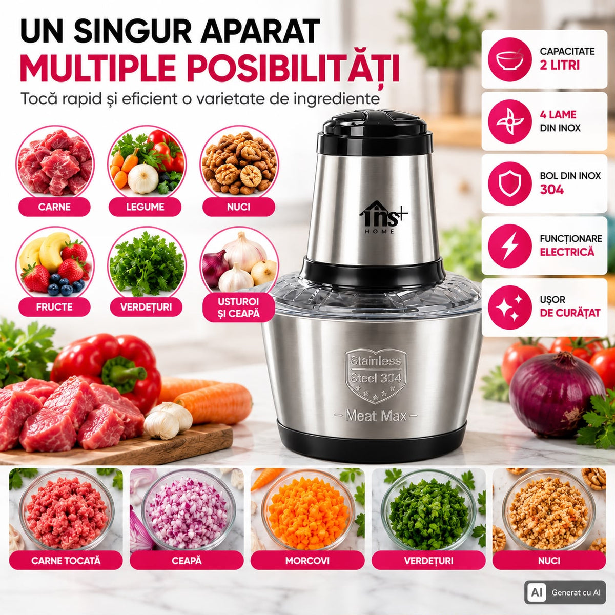 Tocător Electric TNS Home Meat Max, Bol Inox 304, 2 L, Putere Mare, 4 Lame din Inox