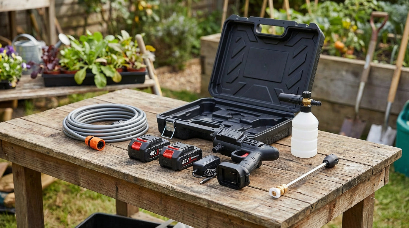 Aparat de spălat cu presiune portabil 48V – fără fir, cu 2 baterii + furtun 5m | Curățenie rapidă oriunde