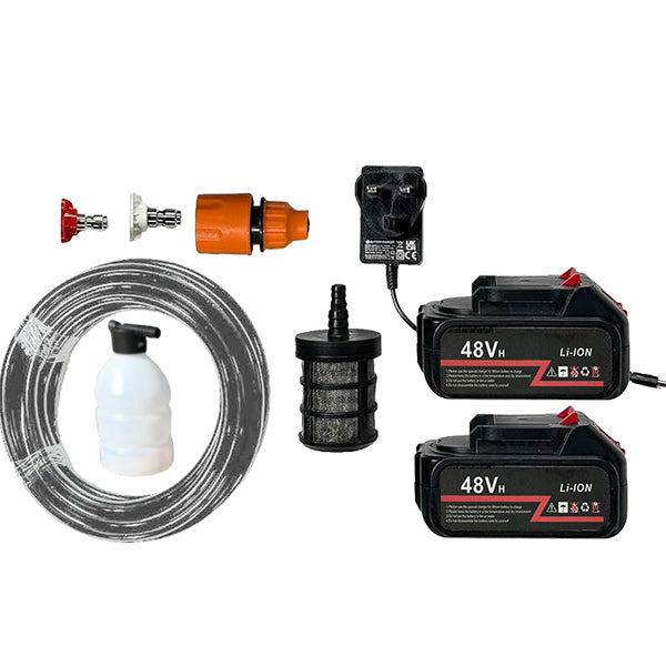 Aparat de spălat cu presiune portabil 48V – fără fir, cu 2 baterii + furtun 5m | Curățenie rapidă oriunde