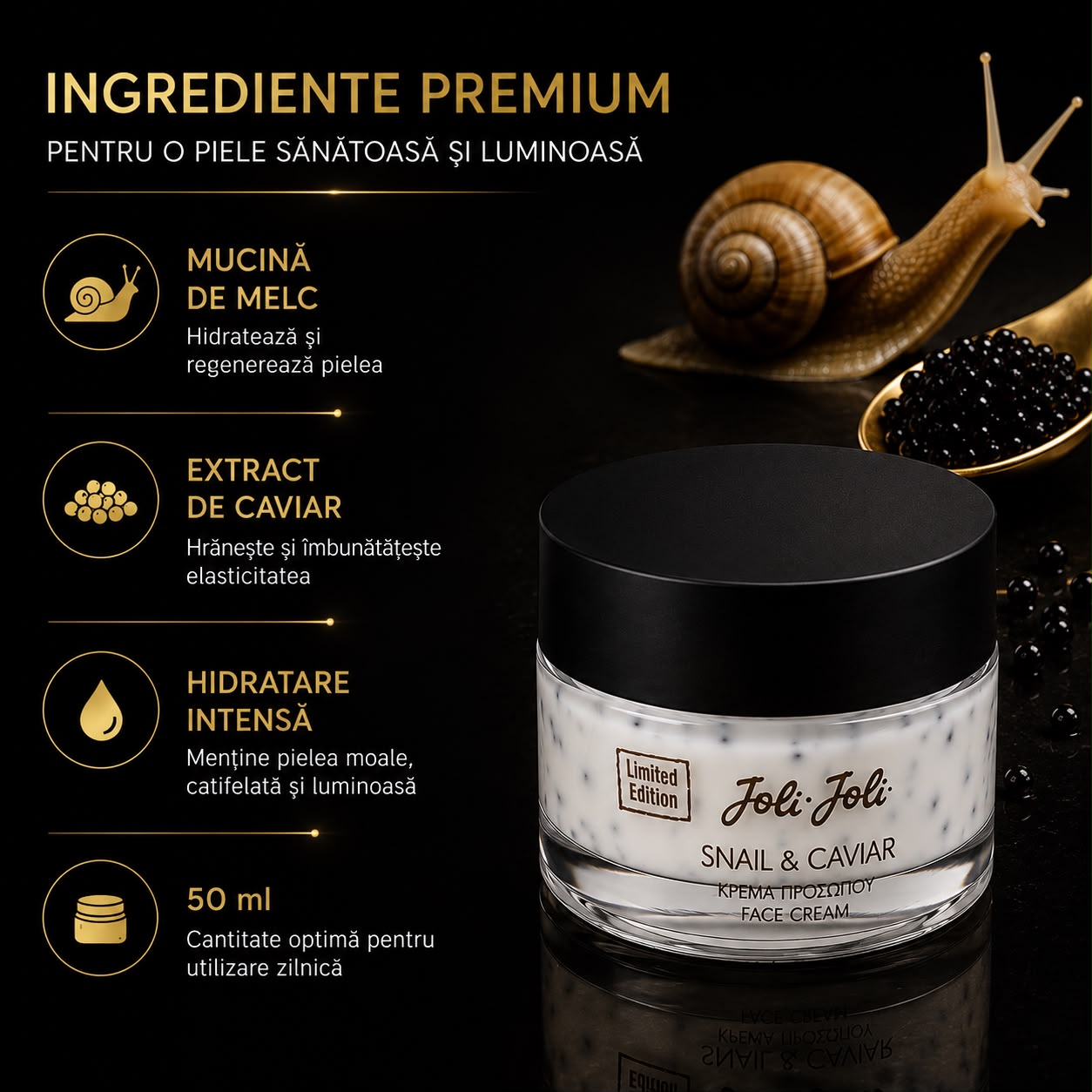 Cremă de Față Joli Joli Black Caviar Premium, 50 ml  Hidratare Intensă și Îngrijire pentru un Ten Luminos