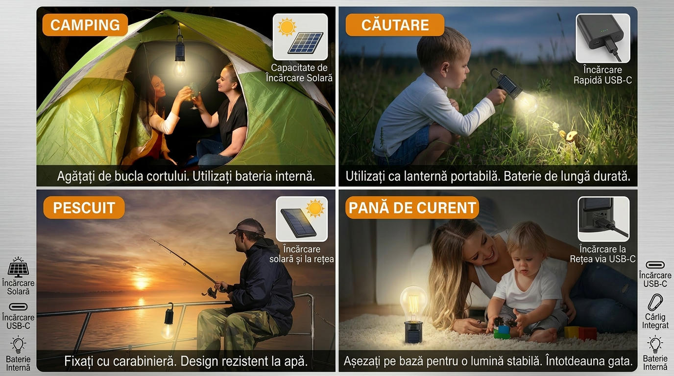 4x Lampă LED Reîncărcabilă (2+2), 3 Moduri, Încărcare USB + Solar, Portabilă (Copy)