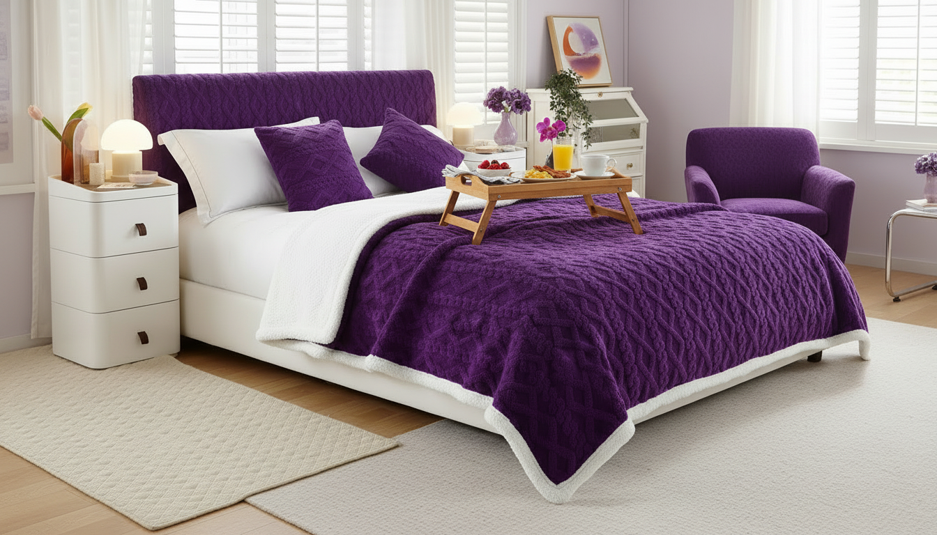 Pătură Cocolino cu Blăniță Tip Tricot – 200 x 230 cm, Fabricată în România MOV + Pătură Cadou